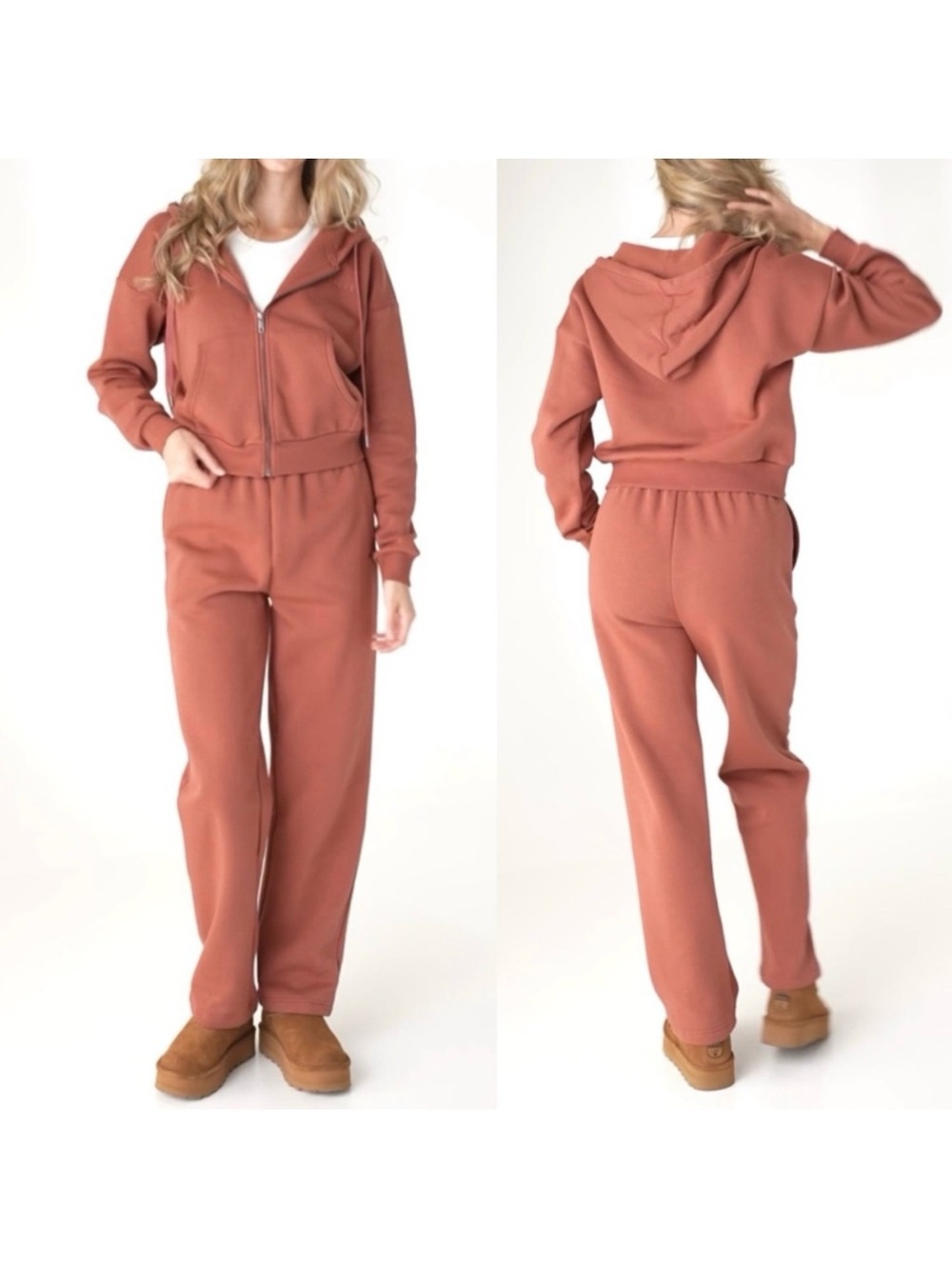 Vitality Cozy Set Full Zip Hoodie & Wide Leg Trouser Sweatpants Rosewood Fleece